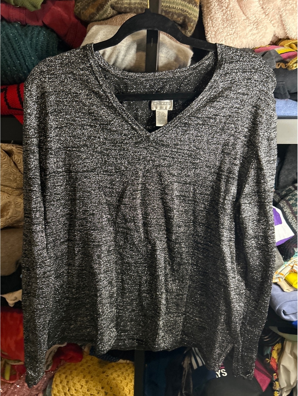 Chico's Black Metallic Blend V-Neck Long Sleeve Sweater Size 3